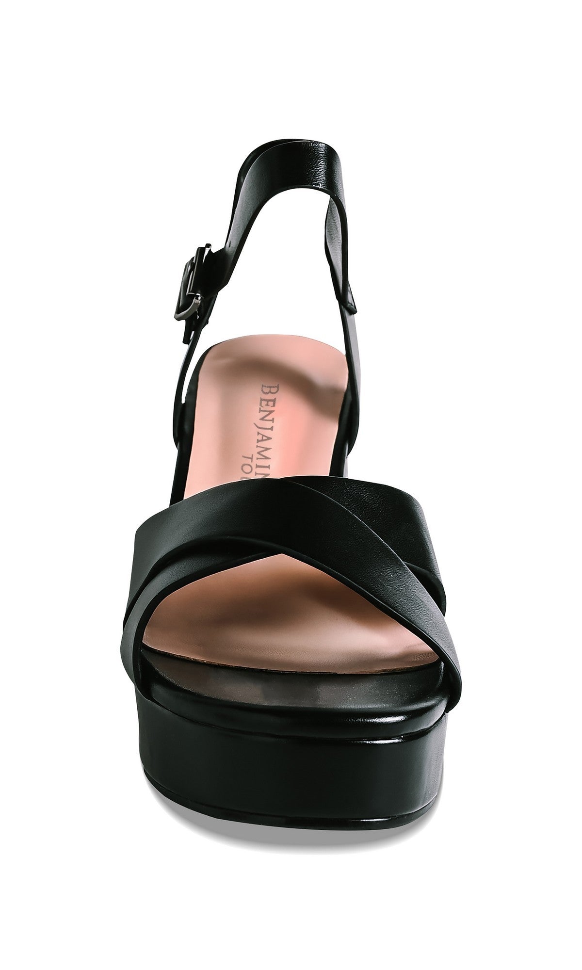 The Toby Black Prom Shoes: Touch Ups 4765 feature a block heel, pink insole, open toe with crisscross straps, and an ankle strap with buckle in black faux leather.